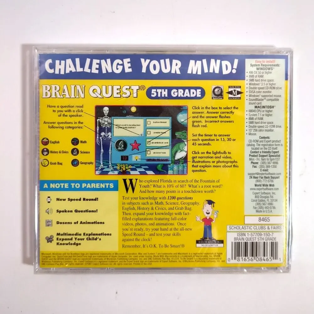 Brain Quest Multimedia 5th Grade CD-ROM PC Mac Video Game Ages 10-11 New Sealed